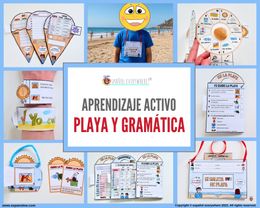 ✂💻 PLAYA Y GRAMÁTICA 🏖️ Vocabulario ✍️ Conjugación · Oraciones 📍 Complementos Cuidado de la playa