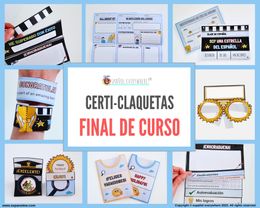 💻 ✂FIN DE CURSO (adaptable)- Certificados, claquetas, centros de mesa y juegos 🌎ESPAÑOL E INGLÉS.