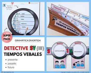 💻✂ DETECTIVE SV (III) 🔎 TIEMPOS VERBALES 🎯Conjugación y oraciones ⏳ Presente · Pasado · Futuro