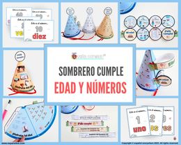 💻✂SOMBRERO CUMPLE-EDAD´- Números  1 al 20 y decenas hasta 100. 👌Verbo TENER 🎁PINCHA VER OFERTAs