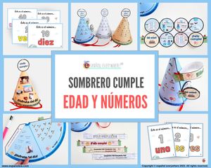 💻✂PACK SOMBRERO CUMPLE-EDAD´- Edad, cumples, números  1 al 20 y decenas hasta el 100. 👌VERBO TENER