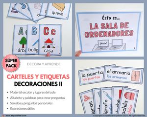  ✂PACK CARTELES Y ETIQUETAS-Material escolar, lugares del cole, alfabeto, saludos y preguntas útiles