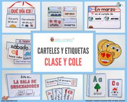 ✂ PACK- CARTELES CLASE/COLE, ETIQUETAS y CALENDARIO: Fecha, estaciones, cumple y preguntas.