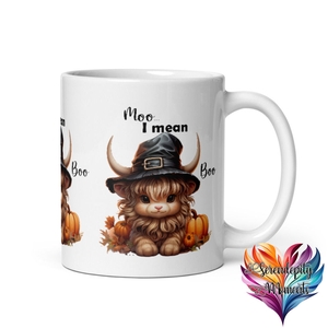 Moo I Mean Boo... Mug, Halloween Mug, Highland Howler Halloween Mug - Spooky Cow Costume 