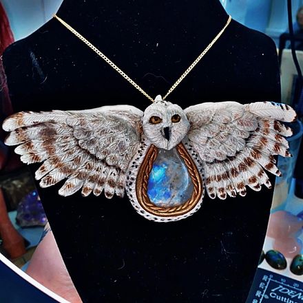 Winter Guardian Snowy Owl Moonstone Pendant