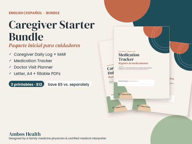 Caregiver Starter Bundle: Daily Care Log + Medication Tracker + Doctor Visit Planner (English &amp; Spanish)