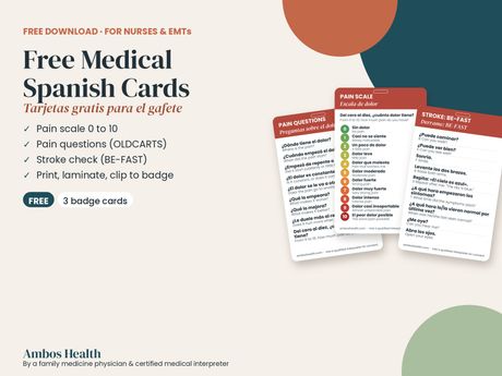 FREE Medical Spanish Badge Cards (3-card sample: pain scale, pain questions, stroke BE-FAST)