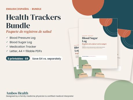 Bilingual Health Trackers Bundle: Blood Pressure + Blood Sugar + Medication (English &amp; Spanish)