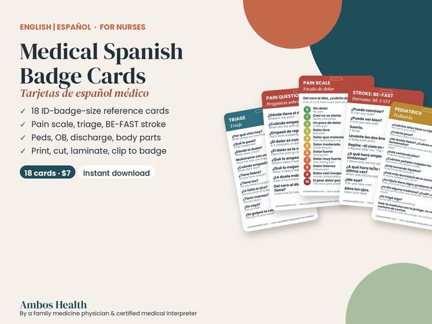 Medical Spanish Badge Cards for Nurses, EMTs &amp; Medical Assistants (18 printable cards)