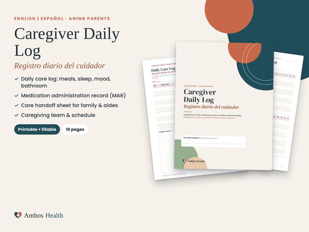 Caregiver Daily Log (English &amp; Spanish) — Care Log + Medication Record