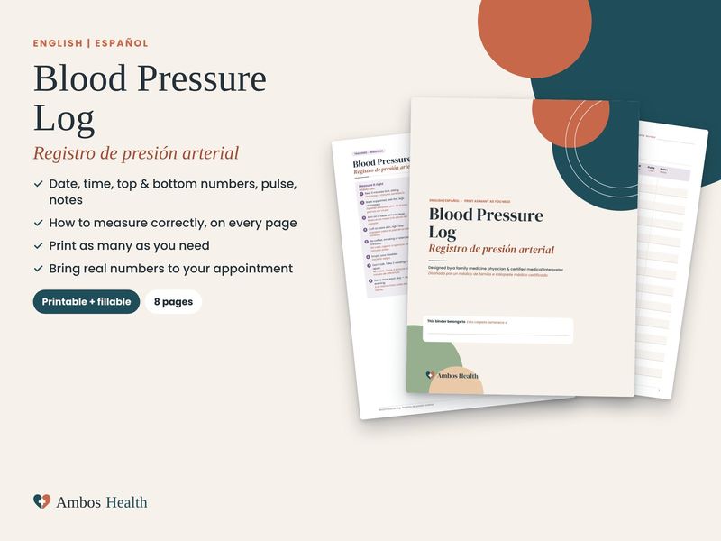 Blood Pressure Log printable, English and Spanish