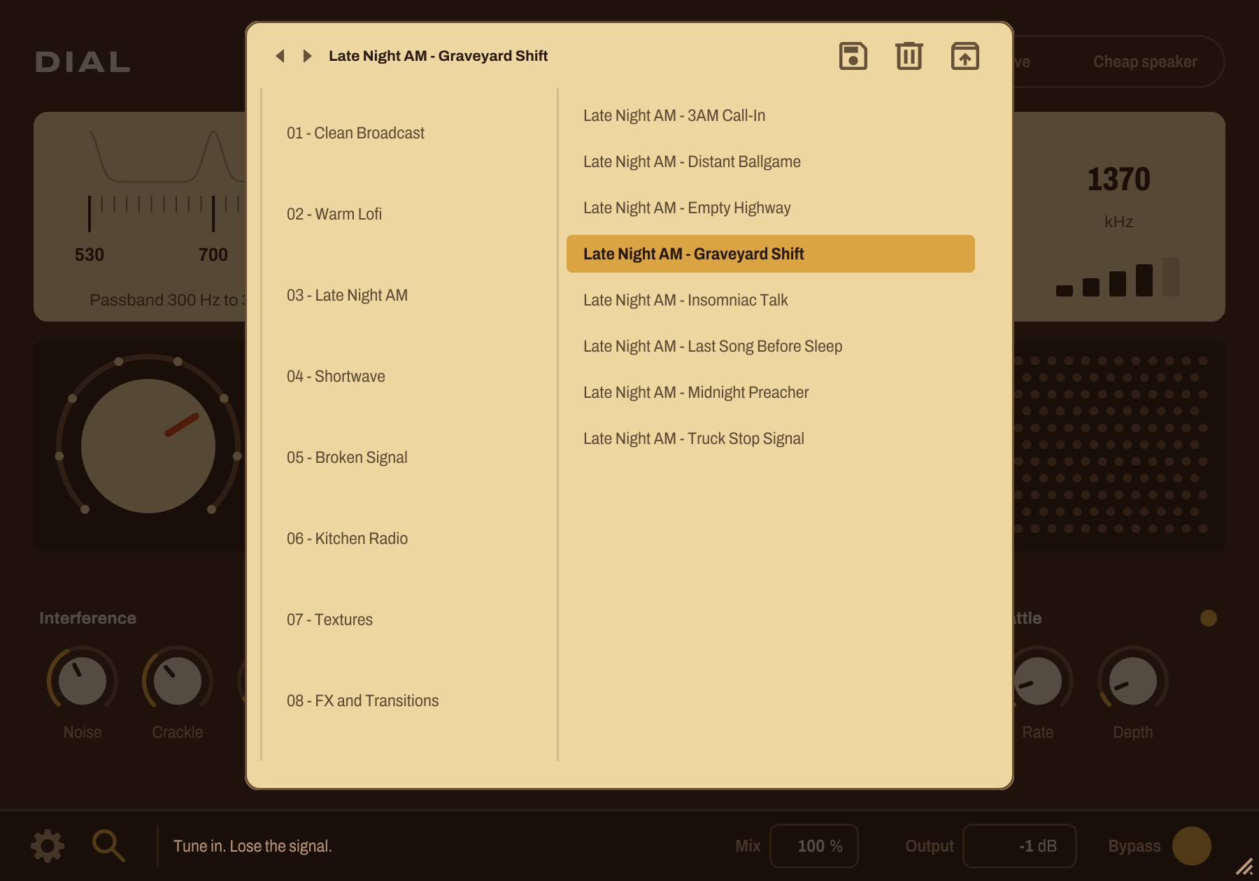 DIAL preset browser - 64 presets in 8 categories