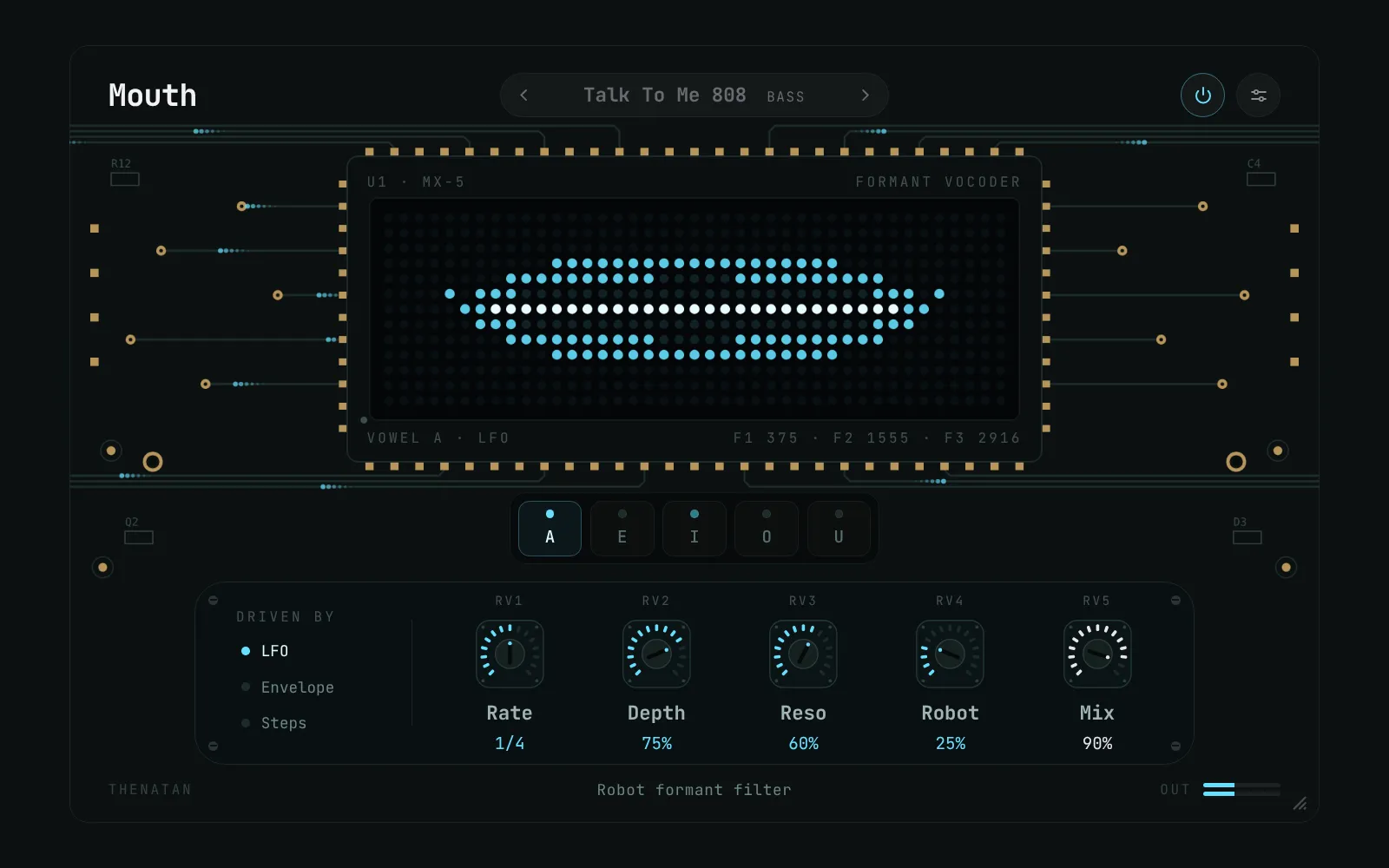 MOUTH robot formant filter plugin by Thenatan Audio - circuit board interface