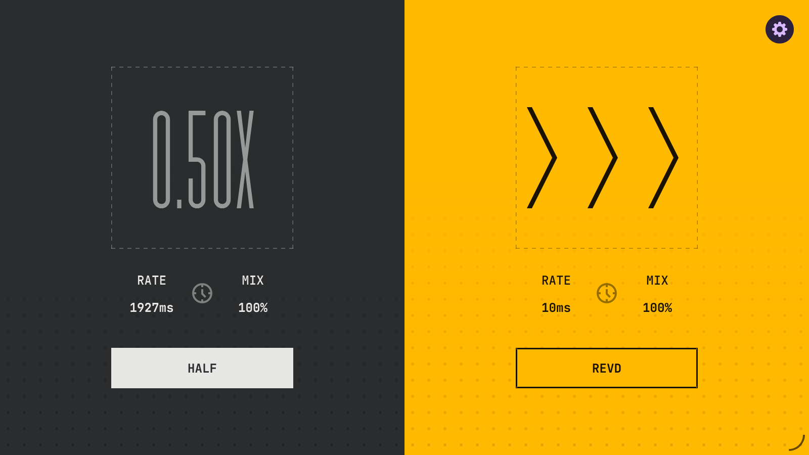 RWND HALF engaged showing 0.50X