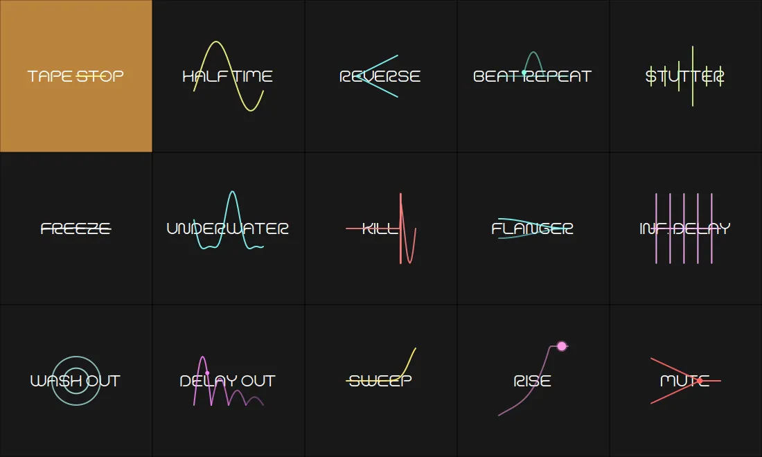 DJFX transition effects plugin interface, animated