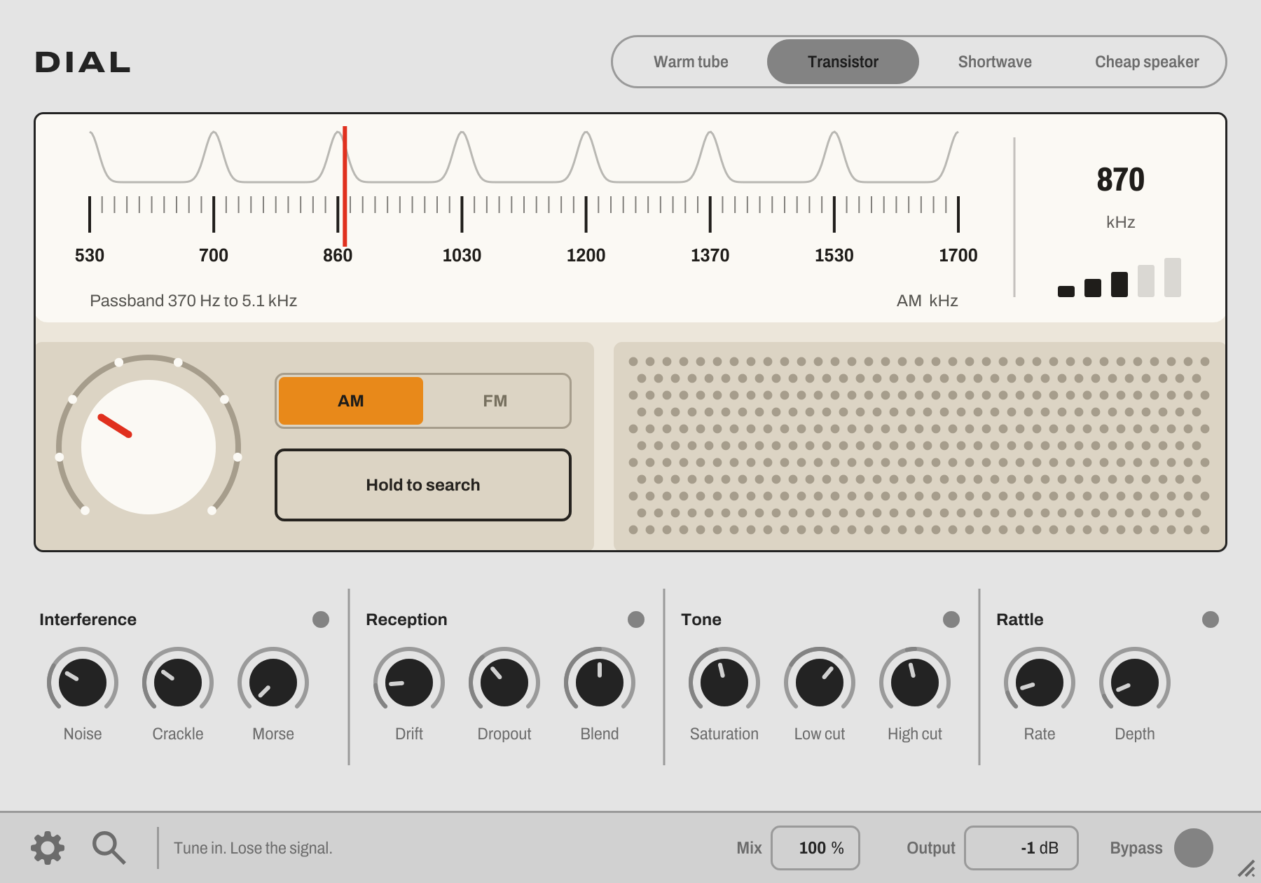 DIAL tuner - dial window, needle, tune knob, AM/FM and search