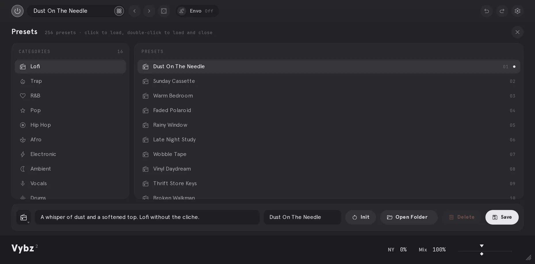 VYBZ 2 preset browser with 16 categories, animated