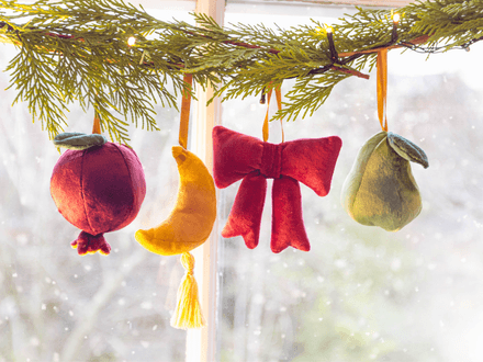 Velvet Christmas Ornament Sewing Pattern – PDF Set of 4 Baubles (Bow, Moon, Pear &amp; Pomegranate)