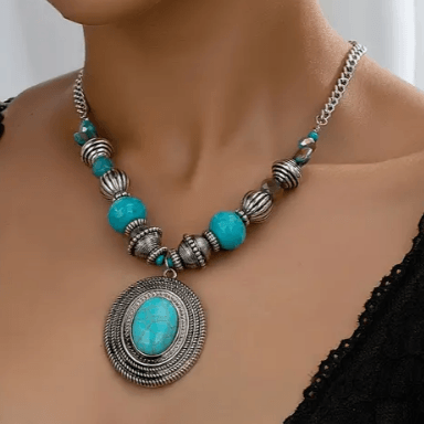 Vintage Bohemian Oval Turquoise Bead Necklace for Women -