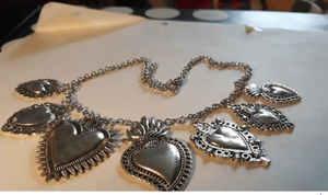 NECKLACE-Sacred Heart, Silver Plated, 7 Pendants, Large Link Chain Necklace 