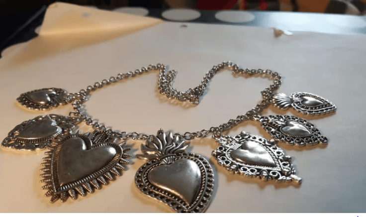 NECKLACE-Sacred Heart, Silver Plated, 7 Pendants, Large Link Chain Necklace 