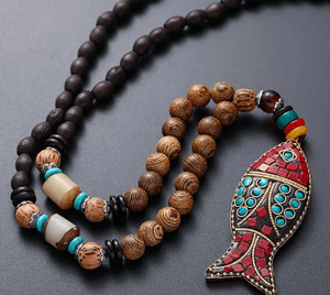Vintage Tribal Wooden Bead Pendant Necklace with Synthetic Turquoise Accents, Handmade Ethnic Style 