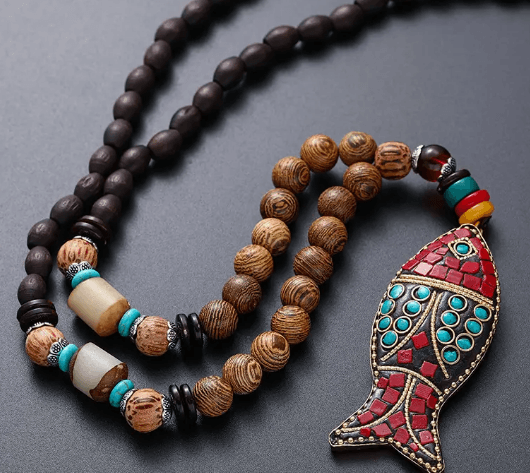 Vintage Tribal Wooden Bead Pendant Necklace with Synthetic Turquoise Accents, Handmade Ethnic Style 
