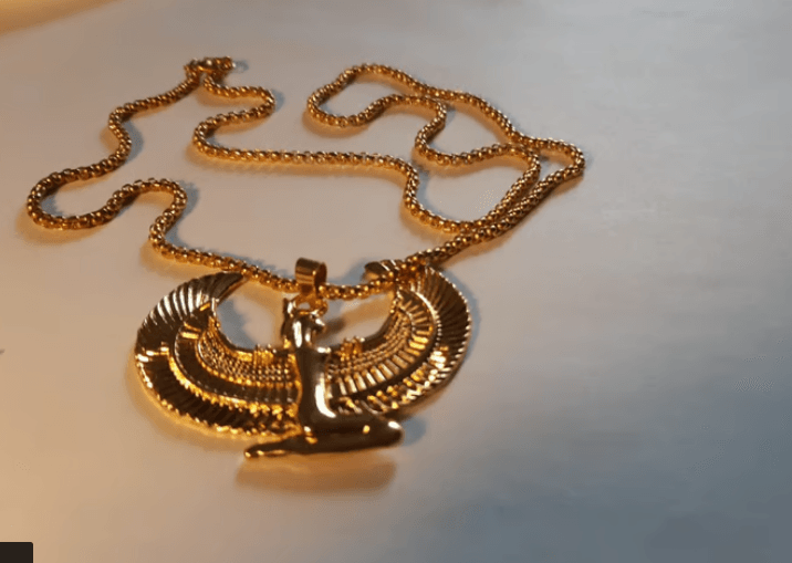 Golden EgypT winged Goddess Hathor, Pendant and necklace