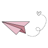 A pink paper plane with a black heart