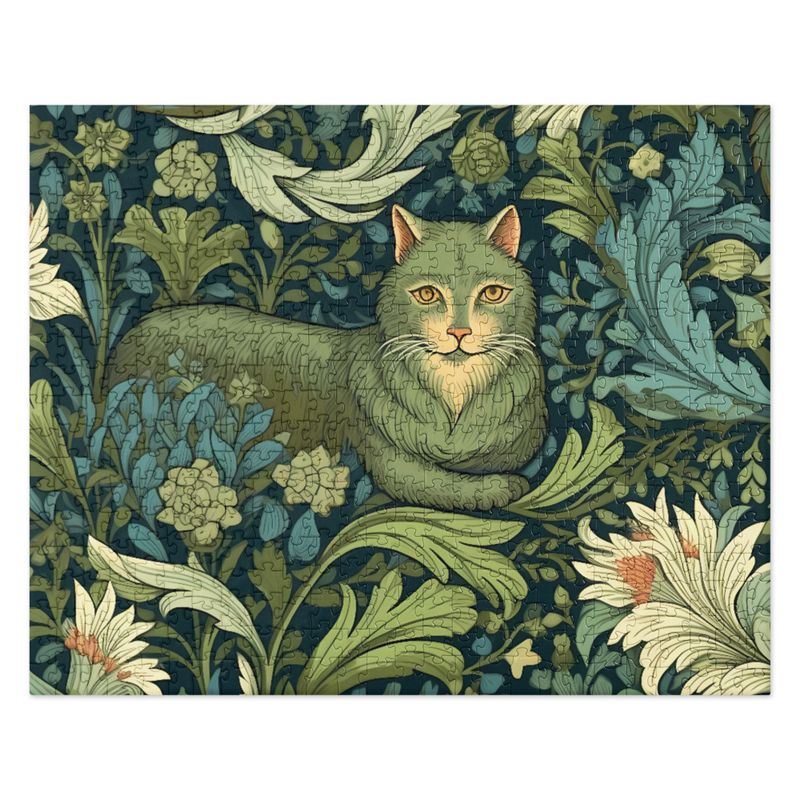 Enchanted Feline: Green Floral Mystical Cat Puzzle Board