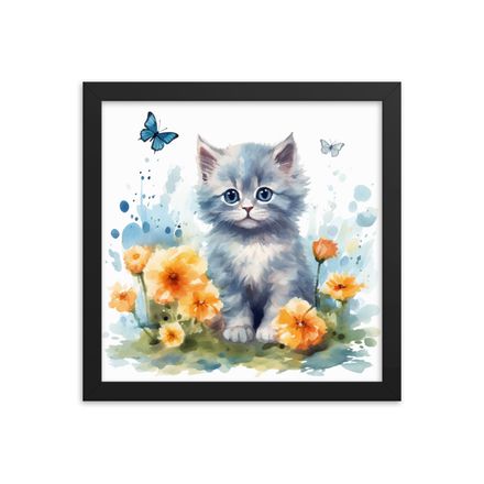 Whisker Bloom: Blue Floral Watercolor Cat-work