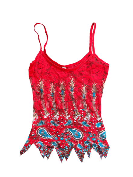 Top « Ilaria » Y2K rouge à dentelle et motif plume