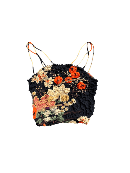 Top noir froncé imprimé fleuri 