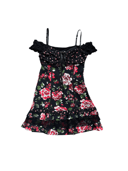 Robe noire « Le groupe woman »  à fleur rose 