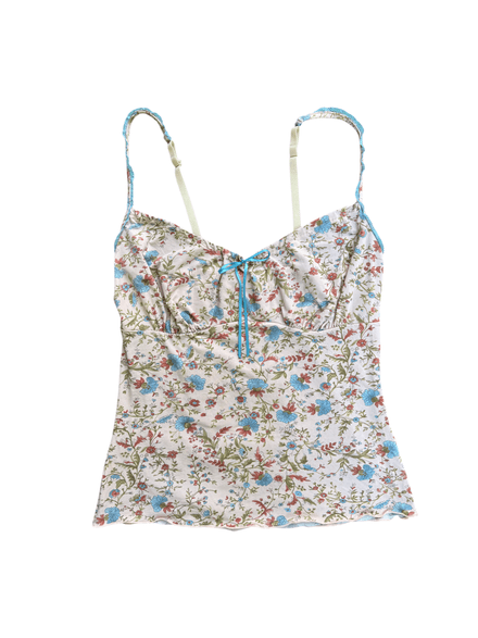 Top Y2K rose pâle à fleur bleu 