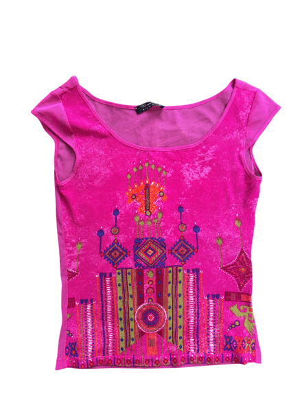 Top « Omai » Y2K rose fushia à motif géométrique 