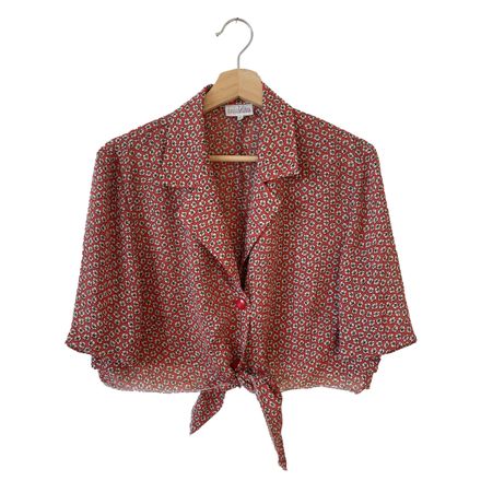 Vintage Y2K Red Pattern Tie-Front Blouse
