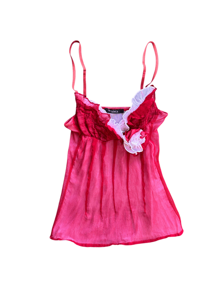 Top rouge Y2K « Siste’s » en mesh avec rose en tissu
