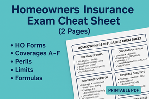 Homeowners Insurance Exam Cheat Sheet (HO-1 to HO-8) – 2-Page Printable