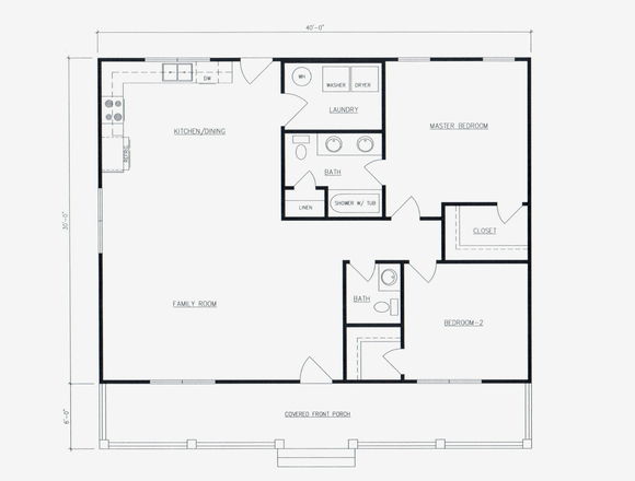 Simple 2 bedroom 1 1/2 bath cabin. 1200 Sq Ft. Open floor plan with covered front porch.