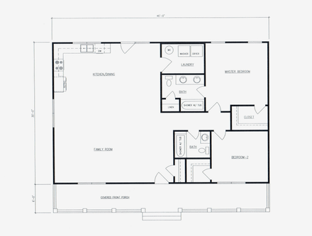 Simple little 2 bedroom 2 bath cabin. 1380 square feet with open floor plan and covered front porch.