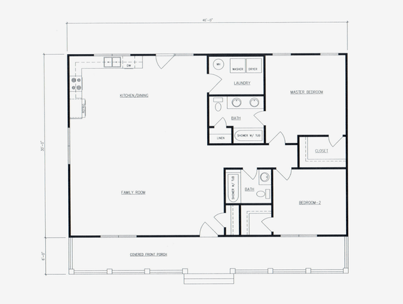 Simple little 2 bedroom 2 bath cabin. 1380 square feet with open floor plan and covered front porch.
