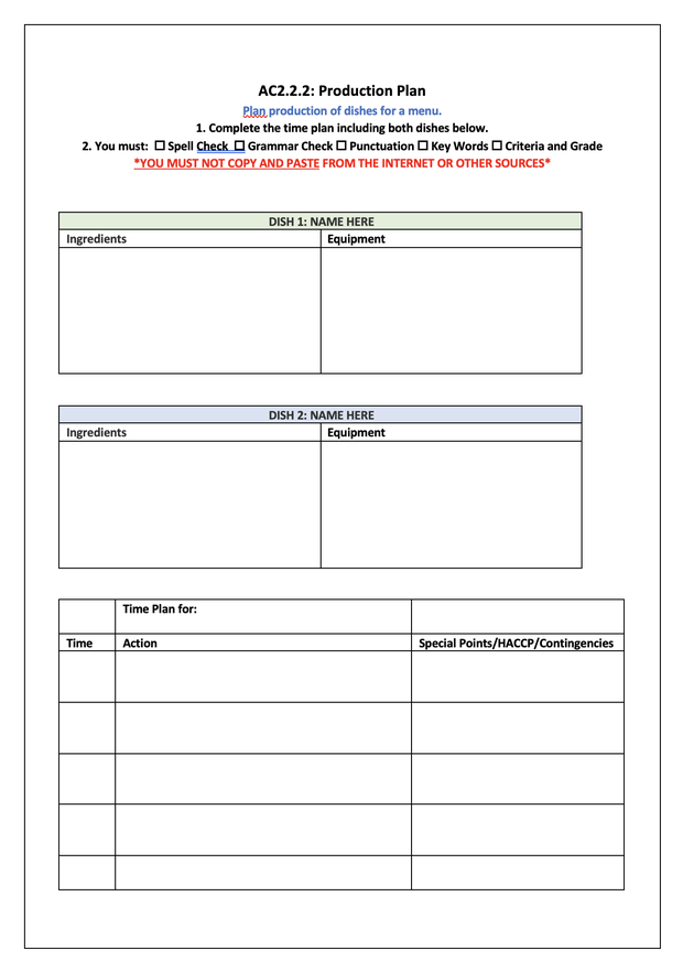 Hospitality and Catering MOCK NEA Writing Frames