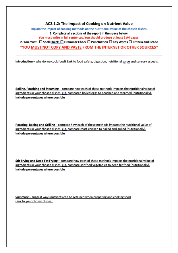 Hospitality and Catering MOCK NEA Writing Frames