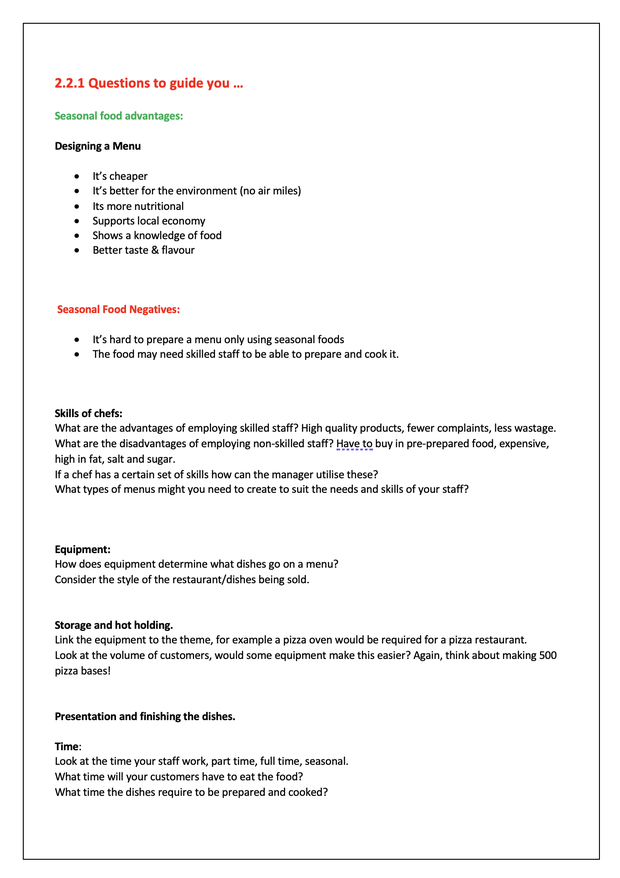 Hospitality and Catering MOCK NEA Writing Frames