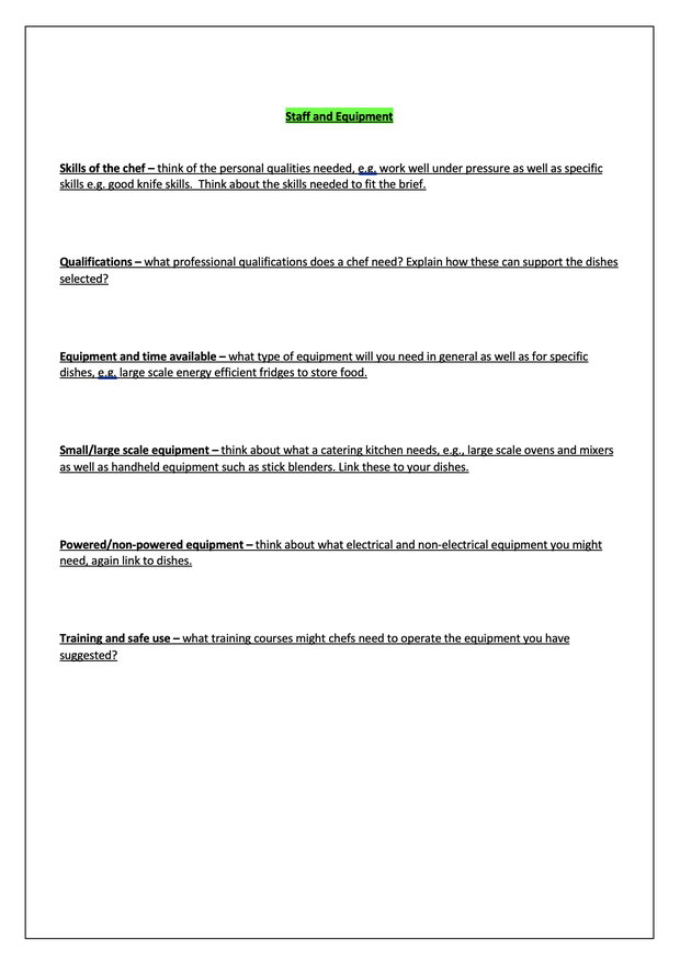 Hospitality and Catering MOCK NEA Writing Frames