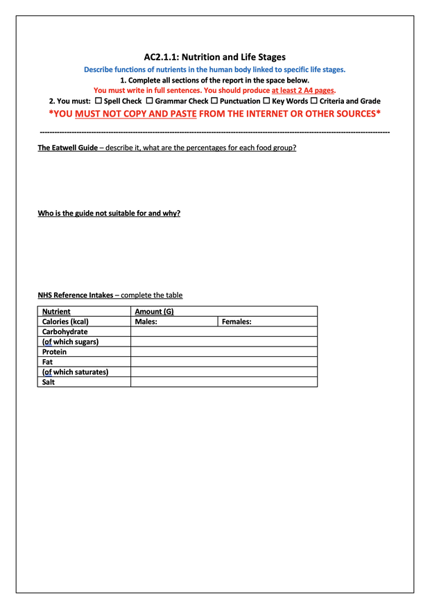 Hospitality and Catering MOCK NEA Writing Frames