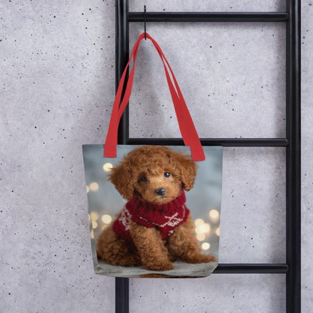 Festive Fuzz: Red Poodle Puppy All-Over Print Tote Bag