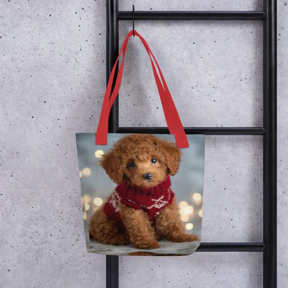 Festive Fuzz: Red Poodle Puppy All-Over Print Tote Bag