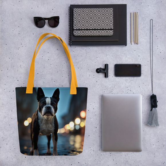 "Midnight in the City" Boston Terrier | All-Over Print Tote Bag